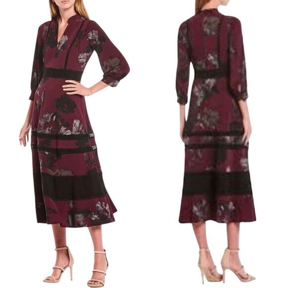 Taylor Boysenberry Blooming Floral Print Black Stripe Midi Dress Size 10 NWT - Picture 1 of 13